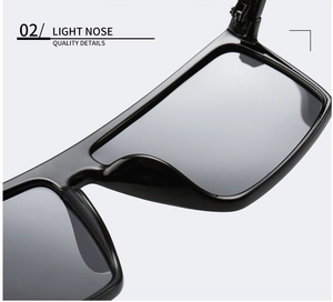 Detail of the lightweight integrated nose pads on black square frame polarized sunglasses