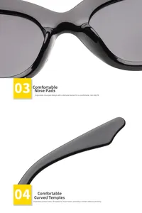 Detail of integrated non-slip nose pads and ergonomic temples of black cat eye sunglasses