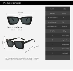Detailed size chart for square frame sunglasses with model dimensions and PC material specs