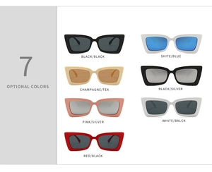 Matrix display of seven assorted oversized square sunglasses in vibrant color combinations