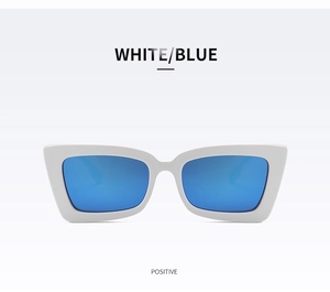Front view of white thick frame sunglasses with reflective blue mirrored lenses