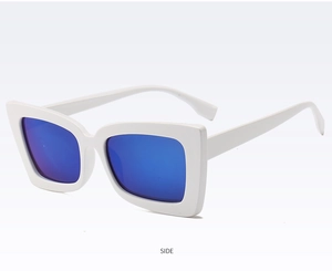 Side view of white square frame sunglasses with blue mirrored reflective lenses