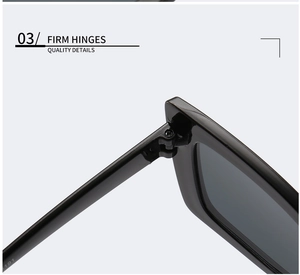 Detail shot of sturdy metal hinges on black oversized square fashion sunglasses