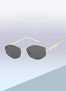 Detail of trendy gold geometric metal frame and dark grey lenses for fashion sunglasses
