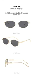 Three-view layout of vintage irregular metal sunglasses with gold frames and dark lenses