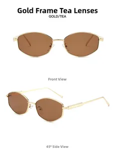 Irregular metal sunglasses with gold frame and tea lenses shown in front and side views