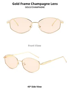 Detail view of gold metal hexagonal sunglasses with champagne lenses and spiral temples