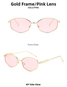Front and side views of irregular gold metal sunglasses with pink geometric lenses