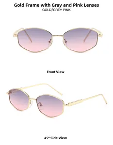 Front and 45-degree angle view of gold metal polygonal sunglasses with grey pink lenses