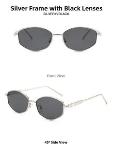 Detailed views of irregular silver metal frame sunglasses with dark grey lenses