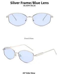 Detail of silver metal frame sunglasses with light blue lenses and textured temples