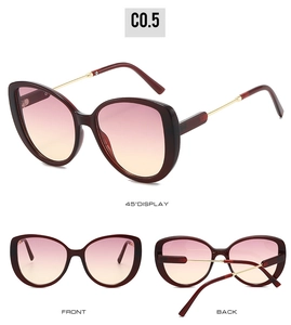 Three-view display of wine red cat-eye sunglasses with gradient lenses and metal temples