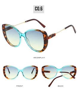 Three views of oversized square tortoiseshell sunglasses with blue gradient lenses