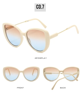 Three views of cream cat-eye sunglasses with orange-blue gradient lenses and metal temples