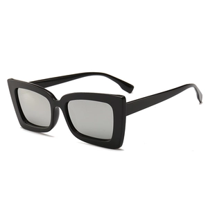 Classic oversized square sunglasses with a black glossy frame and silver mirror lenses