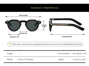 Detailed size chart for retro round sunglasses with precise frame and lens measurements