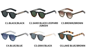 Retro round thick-frame sunglasses collection in six colors with metal temple detail