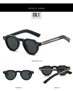 Detailed views of black vintage round sunglasses with gold textured temple accents