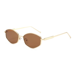 Retro irregular geometric sunglasses with gold metal frame and dark brown lenses