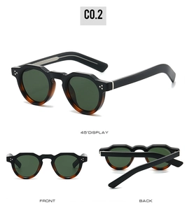 Multi-angle view of vintage round sunglasses with tortoiseshell frames and green lenses