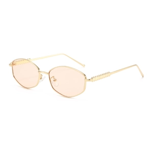 British retro irregular hexagonal gold metal sunglasses with peach tinted lenses
