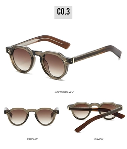 Detailed three-view display of retro round sunglasses with silver rivets and gradient lenses