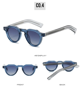 Three-view display of vintage round sunglasses with translucent blue frame and gradient lenses