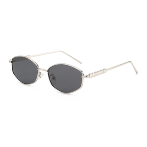 Vintage irregular polygon metal sunglasses with dark gray lenses on a white background