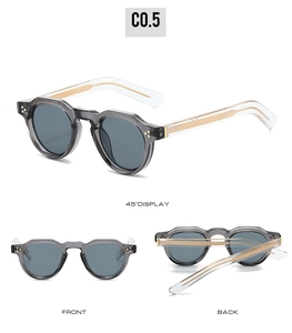 Multi-angle views of vintage round grey translucent sunglasses with golden core wire