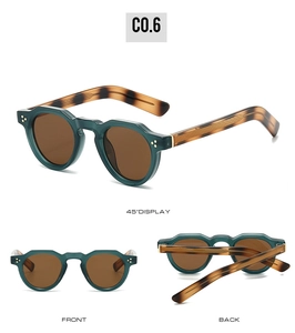 Detailed views of retro round sunglasses with green frames and tortoiseshell temples