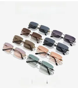 Close-up of rimless square sunglasses featuring diamond-cut lenses in multiple gradient colors