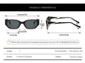 Detailed size chart for rhomboid irregular frame sunglasses with precise measurements