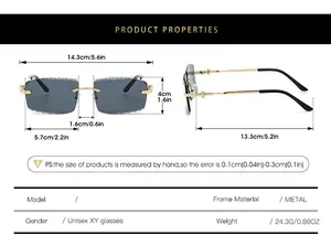 Detailed size chart for rimless metal square sunglasses with specific dimensions in cm