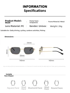 Detailed dimensions of rectangular metal frame sunglasses with grey lenses and gold temples