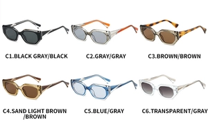 Collection of diamond shaped sunglasses showing various frame colors and lens tints