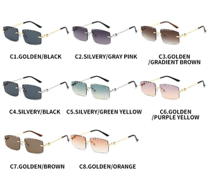 Grid view of rimless square sunglasses with engraved lenses in eight various gradient colors