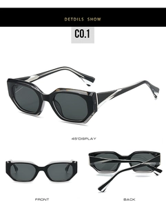 Detailed views of black geometric sunglasses with silver lightning temple decorations