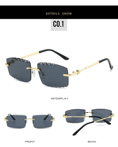 Three-view display of rimless square sunglasses with grey lenses and gold metal temples