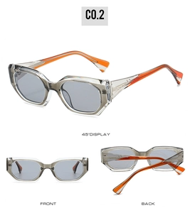 Three-angle views of irregular rhombic sunglasses with orange temples and gray lenses