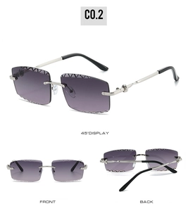 Frameless square sunglasses with purple gradient lenses and silver metal frame detail