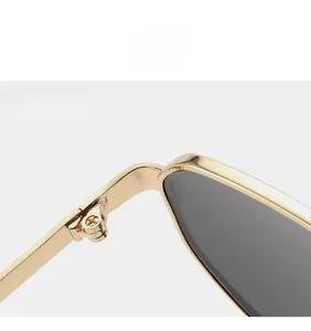 Close-up of sturdy metal hinges and dark grey lenses on sleek square sunglasses