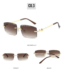 Detail views of rimless square sunglasses with brown gradient lenses and gold metal arms