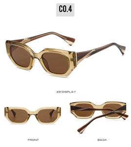 Three-angle view of geometric polygon sunglasses with tea resin frames and brown lenses
