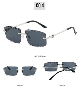 Three-way view of rimless square sunglasses with grey lenses and serrated edge detail