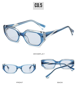 Detail view of translucent blue geometric sunglasses with printed temples and triple angles