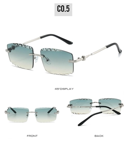 Three views of rimless square sunglasses with gradient lenses and silver metal temples