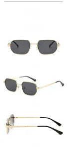 Three-view display of gold-framed hexagonal sunglasses with dark lenses and sleek metal temples