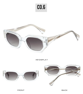 Three-view layout of geometric sunglasses with grey frames and detailed temple patterns