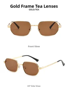 Front and side view of slim gold metal square sunglasses with vintage tea lenses