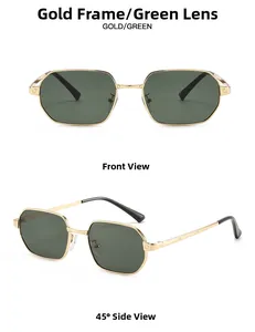 Detailed front and side view of gold square sunglasses with green lenses and screw accents